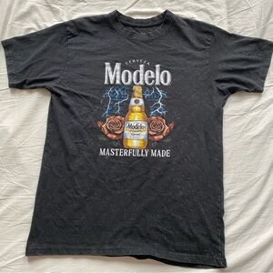 Modelo Black Tee with Bottle, Roses & Lightning Graphic